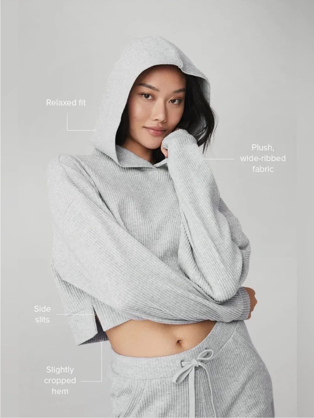 ALO Yoga Muse Ribbed Crop Top Hoodie Women’s Size Medium In Grey